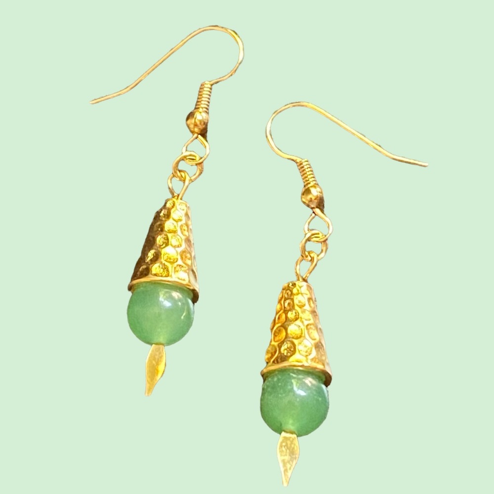 HAND CRAFTED Earrings Aventurine Beads Dangle Drop Long Natural Stones Pierced - Picture 1 of 8